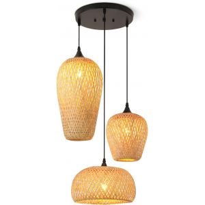 Ulteronixshop-Lustre Salon Bambou 3-Lumi&egrave;re,Vintage Suspension Luminaire Boho Cuisine D&eacute;coration Lampe E27 Tiss&eacute; &Agrave; La Main Luminaires Int&eacute;rieur For Chambre Salon Cabane - Neuf