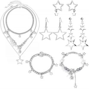Lot De 8 Bijoux En Forme D'étoile Pour Femme-Avec Pendentif En Forme D'étoile-Collier,Bracelets Et Boucles D'oreilles-En Argent-Pour Femme - Neuf