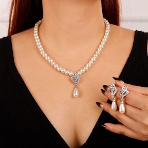 Parure Perles Bijoux Pour Femme 925 Argent Collier Et Boucle D'oreille Goutte Perles Pendentif Avec Zircone Ensemble Bijoux Fête Anniversaire Noël Saint-Valentin Cadeaux Pour Femmes Filles - Neuf