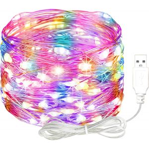 TRAHOO-Guirlande lumineuse LED avec USB, 10 m, 100 LED, &eacute;tanche, fil de cuivre, multicolore, &agrave; piles, lumi&egrave;res d&eacute;coratives pour chambre &agrave; coucher, jardin, No&euml;l, mariage, anniversaire - Neuf