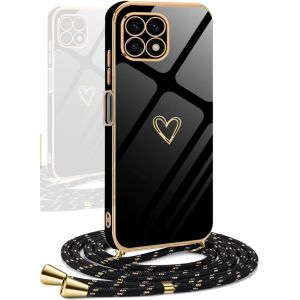 JGD-Coque avec Cordon Compatible avec Samsung Galaxy A22 5G, Galvanoplastie Motif Coeur d'amour Housse Antichoc TPU Silicone, R&eacute;glable Etui avec Lani&egrave;re pour Samsung Galaxy A22 5G,Noir - Neuf