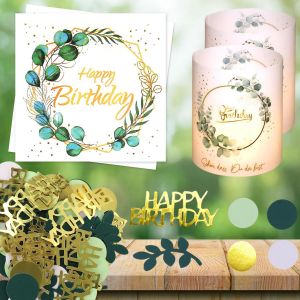 D&eacute;coration De Table D'anniversaire,D&eacute;coration De F&ecirc;te Pour Femme Et Homme,20 Serviettes D'anniversaire Vert Eucalyptus,12 Photophores Happy Birthday,100 Confettis De Table Vert Sauge Pour Fille E - Neuf