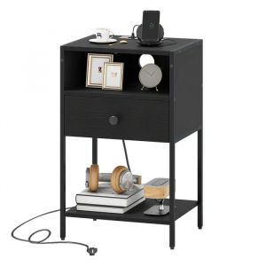 COSTWAY Table de Chevet avec Station de Charge, Compartiment Ouvert, Tiroir et &Eacute;tag&egrave;re de Rangement, pour Chambre, Salon, Noir - Neuf