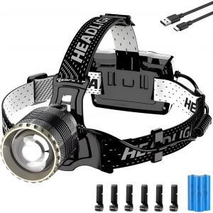 Lampe Frontale Led Usb-C Rechargeable, Ultra Puissante 90000 Lumens 4 Modes Lampe Frontale Avec Capteur, Batterie 9000mah Zoom Ip65 &Eacute;tanche Angle De 90 &deg; R&eacute;glable Pour Camping En Ext&eacute;rieur - Neuf