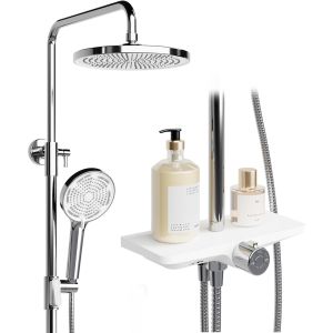 Douche &agrave; effet pluie, sans robinet, avec &eacute;tag&egrave;re, syst&egrave;me de douche avec pommeau de douche en acier inoxydable, colonne de douche r&eacute;glable, colonne de douche, pommeau de douche, pommeau de douche, - Neuf