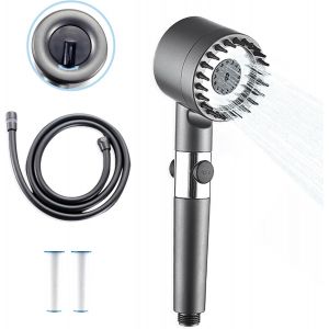 KAL-Anti Calcaire Douche + Flexible Douche 1.5M Avec 2 Cotons Pp Remplaçables Et Boutons De Commutation, Spa Pomme De Douche Economie D'Eau Convient Pour Salle De Bain, Pommeau De Douche, Gris - Neuf