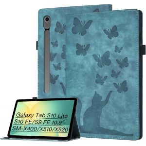 LORANKA-Tablet Coque pour Samsung Galaxy Tab S10 Lite/S10 FE/S9 FE 10.9"" SM-X510/X520 - PU &Eacute;tui Tab Rabattable Chat et Papillon, avec Porte-Cartes, Porte-Stylo, Chat Vert - Neuf