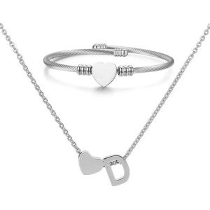 Kal-Collier Pendentif Lettre Initiale Personnalisée Femme Collier Initiale Coeur Bracelet Coeur Ouvert Ajustable Bracelet De Manchette En Acier Inoxydable A-Z Pendentif Collier Femmes Filles - Neuf