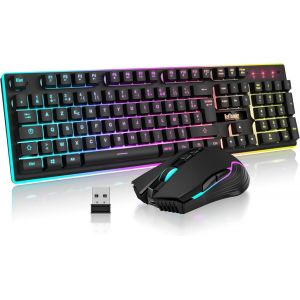 K10 Ensemble Clavier Et Souris Gaming Sans Fil, Azerty Français, Rétroéclairage Led 3800Mah Batteries Rechargeables, Clavier Usb Anti-Ghosting + Souris 7D 3200Dpi Pour Pc Gamer Xbox(Noir) - Neuf