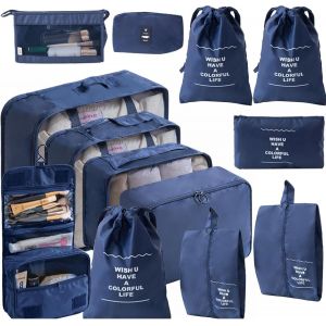 Set De Rangement Voyage 13 Pi&egrave;ces En Toile Bleu Fonc&eacute; - Sacs Organisateurs Pratiques Pour Val , Dressing, D&eacute;placements - Neuf