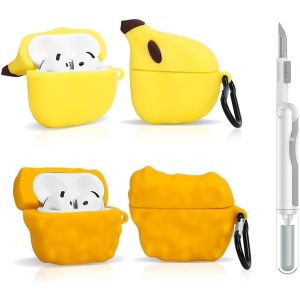 LORANKA-Lot de 2 coques pour &eacute;couteurs sans fil de 4e g&eacute;n&eacute;ration avec kit de stylo de nettoyage, &eacute;tui de charge mignon en silicone, coque de protection antichoc et mousqueton pour AirPods 4 (FCK+BNA) - Neuf