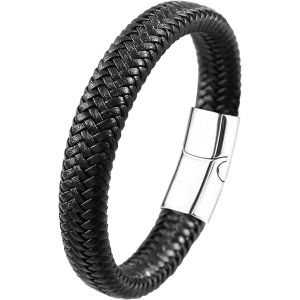 Eryi-Bracelet Cuir Homme Et Acier Inoxydable, Bracelets Style Tressé Pour Homme, Bijoux Cadeau Hommes Papa Papy, Bracelet Noir Marron Cuir Pour Hommes - Neuf