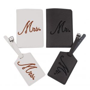Set de 4 Pi&egrave;ces &Eacute;tiquette de Bagage en Cuir PU + &Eacute;tui Passeport Brod&eacute; Mr./Mrs. pour Couples Voyage de Lune de Miel, 7x11cm & 10x14cm, Noir et Blanc, Porte-Cartes et Documents - Neuf