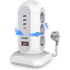9 Prises Tour Multiprise avec Interrupteur de Protection Contre Les Surcharges avec 3 USB-A et 1 USB C, Prise Multiple avec R&eacute;tractable Cordon de 1,8M, Multiprise USB C (2500W/10A) pour Maison - Neuf
