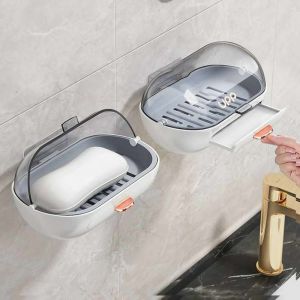 Lot de 2 Porte-Savon avec Couvercle, Boite Savon Support Mural, boîte à Savon Murale pour Douche, Salle de Bain, Baignoire, évier de Cuisine, adhésif Inclus - Neuf