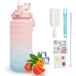 Gourde De 2l, 2l Bouteille Sportive Avec Paille Sans Bpa, 2 Litres Gourde Motivation Avec Marquage Du Temps, Anti-Fuite, Pour Le Fitness, Le Camping, Le Yoga, Les Voyages (Rose Bleu) - Neuf
