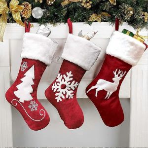 Bas de Noël,grand ensemble de 3 pièces,bas de Noël rouges de 18 pouces avec renne et fausse peluche - Neuf