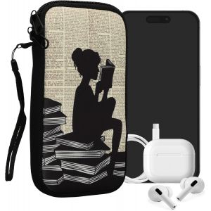 KAL-Housse De Protection Pour Smartphone Xxl - 7" - Sacoche De Protection Pour Téléphone Portable En Néoprène Fille Et Livre Noir-Beige - Neuf