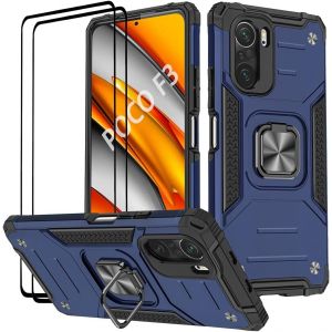 Kal-Coque Compatible Pour Xiaomi Poco F3 ¿ Xiaomi Mi 11i, Verre Trempé [2 Pièces] Housse Tpu Silicone Rotation 360° Aimant Anneau Support Double Défense Protection Etui - Bleu - Neuf