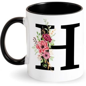 Eryi-Tasse Avec Lettre Tasse À Café Alphabet Tasse Avec Initiale Et Motif Floral Cadeau Personnalisé Tasse Initiales Noire Mug Cadeau Pour Femme Amis À Anniversaire, Noël, Saint-Valentin (H) - Neuf