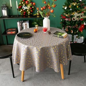 Chenquansarl-Nappe De Noël Ronde Gris Anti-Tâches,Nappe Noel En Polyester Résistant À L'eau,Couverture De Table Tissu De Lin De Coton Bronzant Avec Motif Flocon De Neige,Ronde Diamètre 150 Cm - Neuf