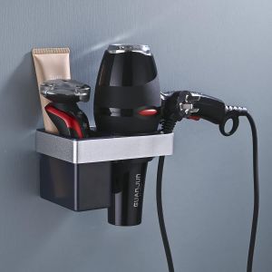 Porte Seche Cheveux Mural Adhesif,Support Seche Cheveux en Aluminium avec Rangement ABS et Range-Câbles,Support Sèche Cheveux sans Percage pour Salle de Bain Étagère 15x10.5x9cm,Argent - Neuf