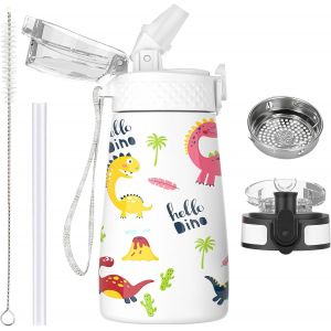 350ml/12oz Bouteille D'eau En Acier Inoxydable Pour Enfants Avec Paille Avec 2 Couvercles Diff&eacute;rents M&eacute;tal Isotherme Petite Fiole Pour L'&eacute;cole Gar&ccedil;ons Filles Boissons Chaudes Froides Sans Bpa - Neuf