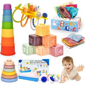 ChenQuanSarl-Jouet Bébé Pour 6 À 12 Mois,Montessori Jeux Bébé Eveil 1 An,Jouet Empilable Sensoriel 6 En 1 Gobelets Empilables,Blocs De Construction,Boite De Mouchoirs En Papier,Cadeau Pour Bébé 6 9 1 - Neuf