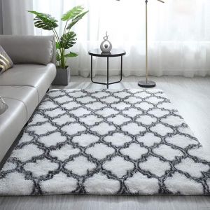Sjzg-Tapis Salon Tapis Chambre Tapis Shaggy Tapis G&eacute;om&eacute;trique Treillis Tapis De Salon Confortable Maison Tapis De Sol (Blanc, 135 X 185 Cm) - Neuf