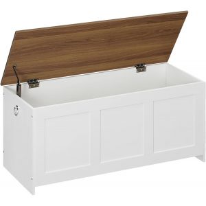 Ulteronixshop-HOORBO Coffre de Rangement, Coffre avec charni&egrave;re de s&eacute;curit&eacute;, Banc de Rangement, Bo&icirc;te &agrave; Jouets avec Couvercle Rabattable, Boite Polyvalente pour, Chambre, Salon, Blanc et Noyer EWH141 - Neuf