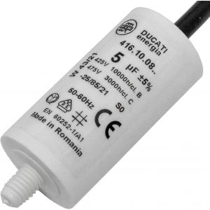 Condensateur de d&eacute;marrage 416.10.08 A [incl. c&acirc;ble 35cm] | Condensateur moteur 5&micro;F 425V 28x55mm I Condensateur dans un bo&icirc;tier plastique isol&eacute; - Neuf