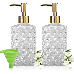 KAL-Lot De 2 Distributeurs De Savon Liquide En Verre Transparent Pour Évier De Cuisine Et Salle De Bain - Avec Pompe Dorée (Transparent) - Neuf