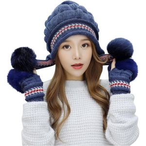 Bleu Foncé Femme Chaude En Tricot Cache-Oreilles Femme Ajouter Écharpe D'hiver Chaud Bonnet Tricoté À La Casquette De Baseball De Coton Pour Les Femmes - Neuf