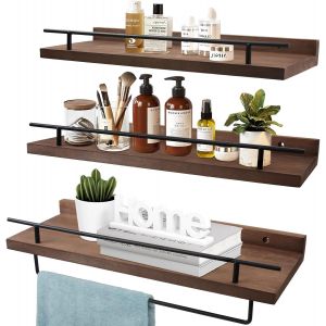 &Eacute;tag&egrave;re murale en bois - Charge maximale : 20 kg - Marron - Avec porte-serviettes - 3 &eacute;tag&egrave;res avec 5 crochets - &Eacute;tag&egrave;re flottante de 40 cm - &Eacute;tag&egrave;re murale pour salle de bain, cuisine, chambre - Neuf