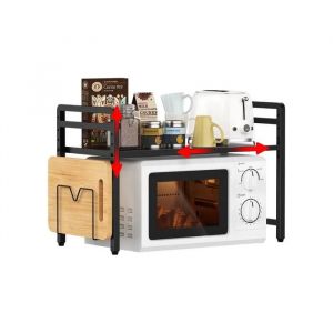 &Eacute;tag&egrave;re Micro-ondes Extensible 2 Niveaux en Acier Noir, Support Cuisine T&eacute;lescopique 40-65cm avec Porte-Planche &agrave; D&eacute;couper - Neuf