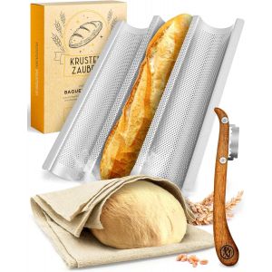 Moule à baguette antiadhésif avec toile de boulangerie et couteau de boulangerie ¿ 4 plaques de cuisson pour baguettes ¿ Idéal comme plaque à baguettes, moule à pain, moule à baguette, - Neuf