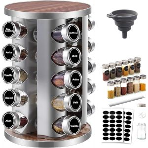 JEXNOVASHOP-Tour à Épices Rotatif 360° avec 20 Pots en Verre - Support Épices en Acier Inoxydable 430, Organisateur de Cuisine et Barbecue - Étagère Rotative avec Couvercles Étiquettes (19x19x35cm) - Neuf