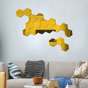 Stickers muraux miroirs hexagonaux - dorés, lentilles flexibles non vitrées Stickers pour la décoration murale de la maison - Neuf