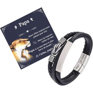 Eryi-Cadeau Homme Bracelet Cuir : Cadeaux Pour Papa Bracelet Hommes Cuir Noir Papa Gravé 21.5cm/22.5cm, Cadeau Pour Saint-Valentin Fete Des Peres Noël Anniversaire - Neuf