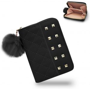 CAUC-Portefeuille Femme Petit Porte Feuilles pour Femme, Porte Monnaie Femme en Cuir PU avec Balle en Peluche, Porte Feuille Femme Porte-Cartes avec Rivets M&eacute;talliques et Motif Diamant - Neuf