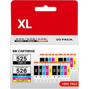 Cartouches D'Encre Compatibles Pour Canon 525 526 Pgi-525 Cli-526 Pour Canon Pixma Mg5150 Mg5250 Mg5350 Mg5200 Mg5300 Mg6150 Ix6550 Mx715 Mx885 Mx895 Ip4850 Ip4950 Ip6550 (8 Noir Et 12 Couleur) - Neuf