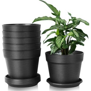 Lot de 6 pots de fleurs en plastique avec soucoupes,pots &agrave; herbes aromatiques avec plusieurs trous de drainage,pots ronds pour l'int&eacute;rieur et sur le balcon,cactus juteux (noir,16 cm) - Neuf