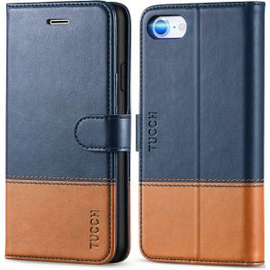 MEVRONISSHOP-Coque pour iPhone SE 2022 5G, Housse Portefeuille iPhone SE 2020, Antichoc Cuir Synth&eacute;tique Etui Fentes pour Cartes Protection B&eacute;quille Fermoir Magn&eacute;tique pour iPhone SE3/SE2/8/7 - Bleu - Neuf