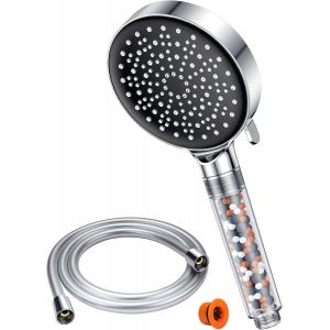 JGD-Pommeau De douche avec tuyau 1,6M- pommeau de douche avec filtre haute pression avec 6 types de jets, economie deau, chrome - Neuf
