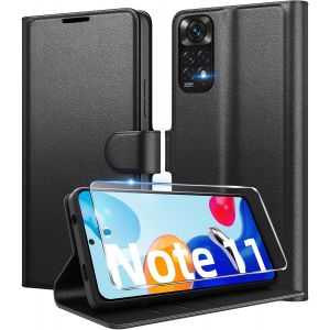 KALANKA-Coque pour Xiaomi Redmi Note 11 / Note 11S 4G en Premium Cuir PU, Portefeuille Housse Etui pour Cartes Protection Anti-Choc Flip Case avec 1 Verre Tremp&eacute; Noir - Neuf