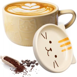 Eryi-Tasse À Café En Céramique Avec Couvercle Chat Peint À La Main: Grande Tasse Pour Boissons Chaudes Et Froides, Design Kawaii Pour Amoureux Et Amis (Chat Jaune/220ml) - Neuf