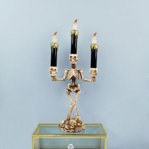 Bougies candélabres d'Halloween, chandelier d'Halloween avec support lumineux LED, chandelier tête de mort, doré - Neuf