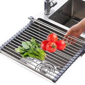 Dish Drainer Over Sink Over Sink Stainless Steel Telescopic Drainer Roll Up Collapsible Drainer For Cups, Fruit, Vegetables (Grey, 43 X 36 Cm) - Neuf