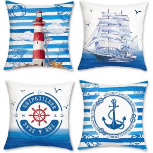 Cauc-Lot De 4 Housse De Coussin 45 X 45 Cm Nautique Bleu Voilier Phare Ancre Velours Doux D&eacute;coratif Taie D'oreiller Pour Canap&eacute; Lits Chaises Voiture Salon Maison D&eacute;cor - Neuf