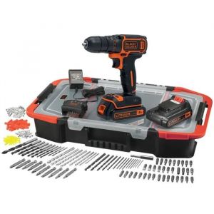 Kit perceuse visseuse sans fil - 18V - BLACK+DECKER - BDCDC18BAST-QW - 2 batteries - chargeur - 160 accessoires - Neuf